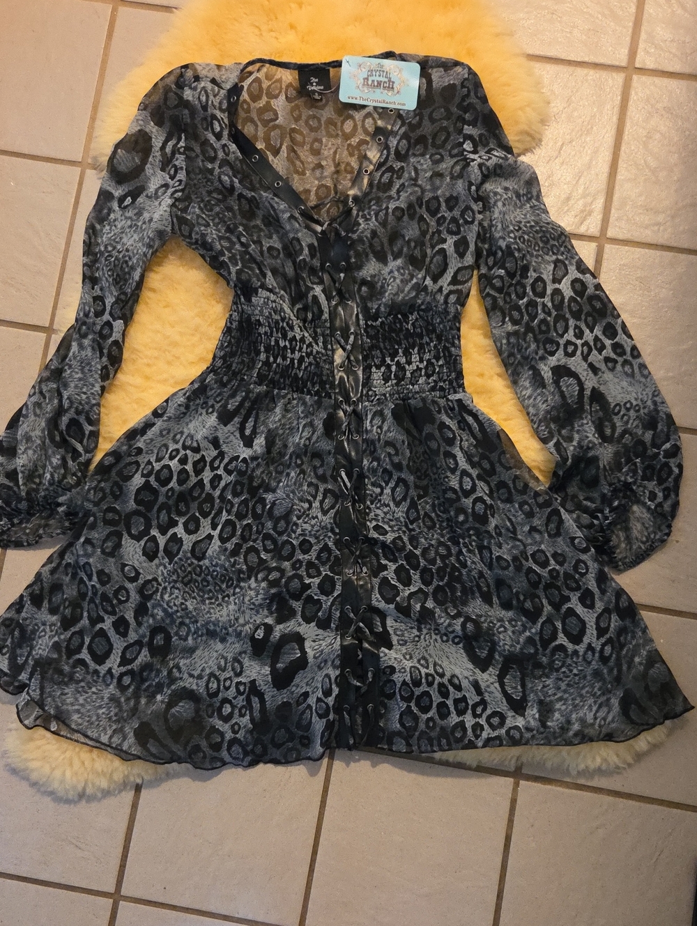 Little Lass Women's Black & Gray Leopard Lace-Up Smocked Dress